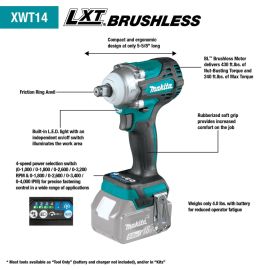 Makita XWT14Z 18V LXT® Lithium‑Ion Brushless Cordless 4‑Speed 1/2" Sq. Drive Impact Wrench w/ Friction Ring Anvil - Bare Tool